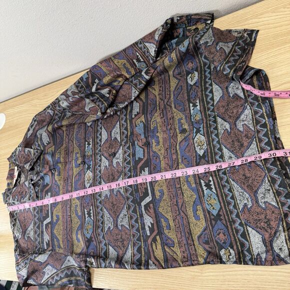 Vintage Stunt Collections Aztec Button Up Shirt Women Small 100% Silk Oversized - Picture 9 of 10